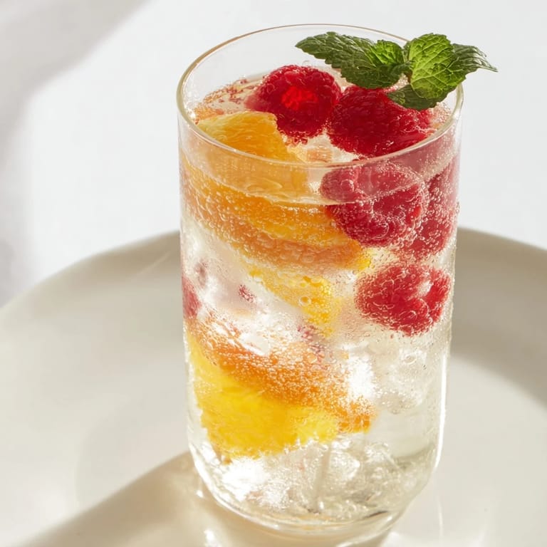 Chilled Sparkling Juice with fresh raspberries creates a bubbly, beautiful drink, ideal for festive occasions.