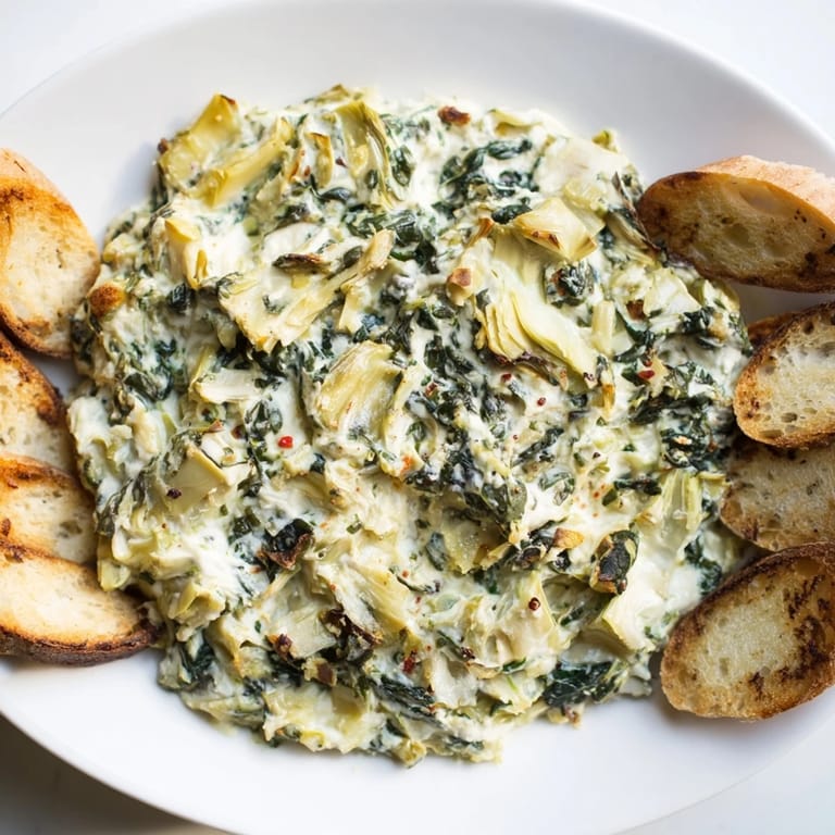 A close-up of Spinach Artichoke Dip, rich cheese pull, perfect for dipping toasted bread.