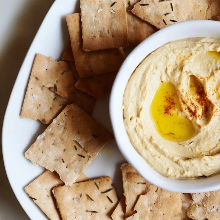 Close-up of a delightful appetizer: homemade Rosemary Cracker with a scoop of smooth hummus.