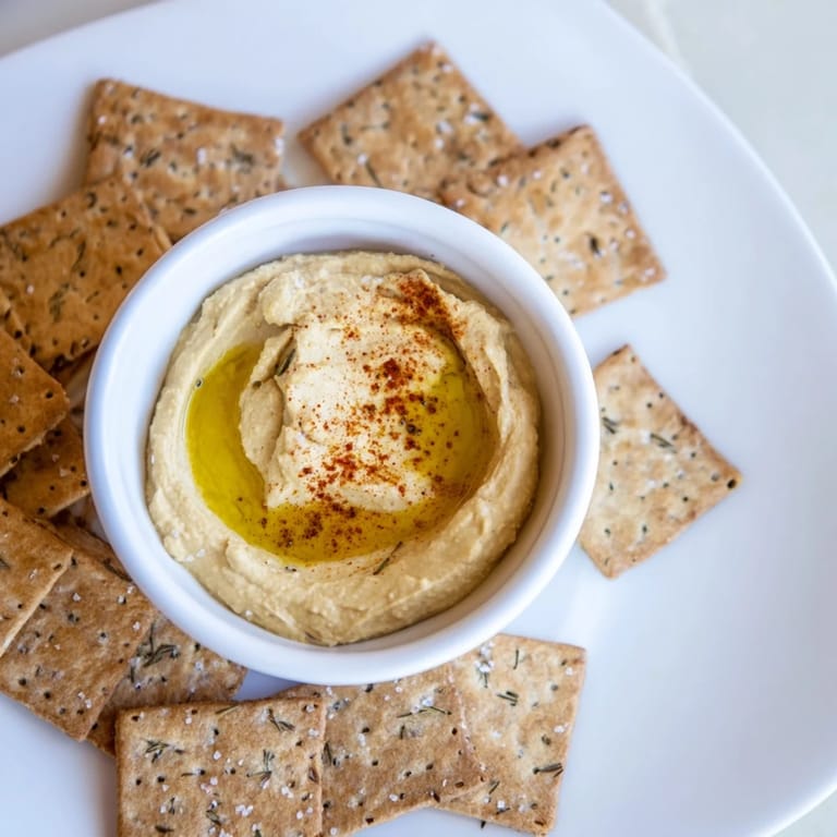 Freshly made Rosemary Crackers and hummus, a festive appetizer perfect for holiday entertaining.