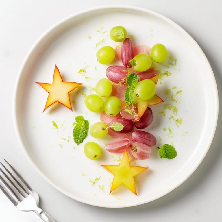Fresh brunch garnish: starfruit slices and halved grapes, a colorful, sweet addition to any morning meal.