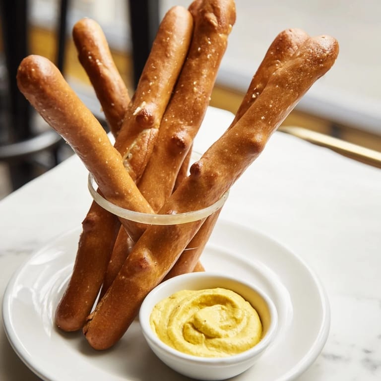 Crispy, salty pretzel rods await dipping into creamy hot mustard dip, ready to enjoy.