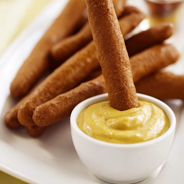 Close-up of pretzel rods with hot mustard dip, a flavorful and easy appetizer for your guests.