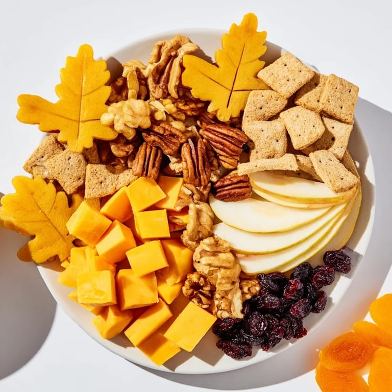 Vibrant Thanksgiving leaf fall board, featuring delicious cheese leaves, dried fruits, and nuts for a savory treat.