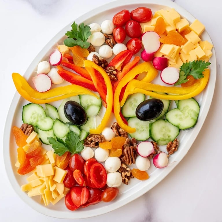 The Masquerade Mask appetizer features a dazzling array of fresh veggies, cheeses, and fruits ready for your party.