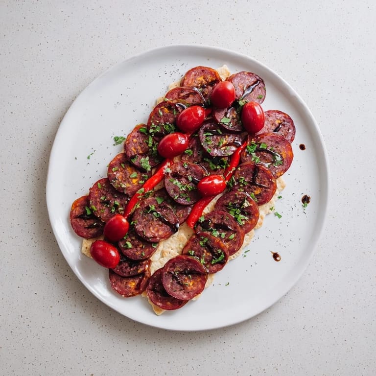An artful presentation of The Crimson Tide: red pepper strips with spicy chorizo atop crackers.