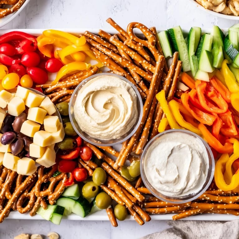 Pretzel rod streets create The Urban Grid, a tasty snack with cubed cheese and colorful veggies.