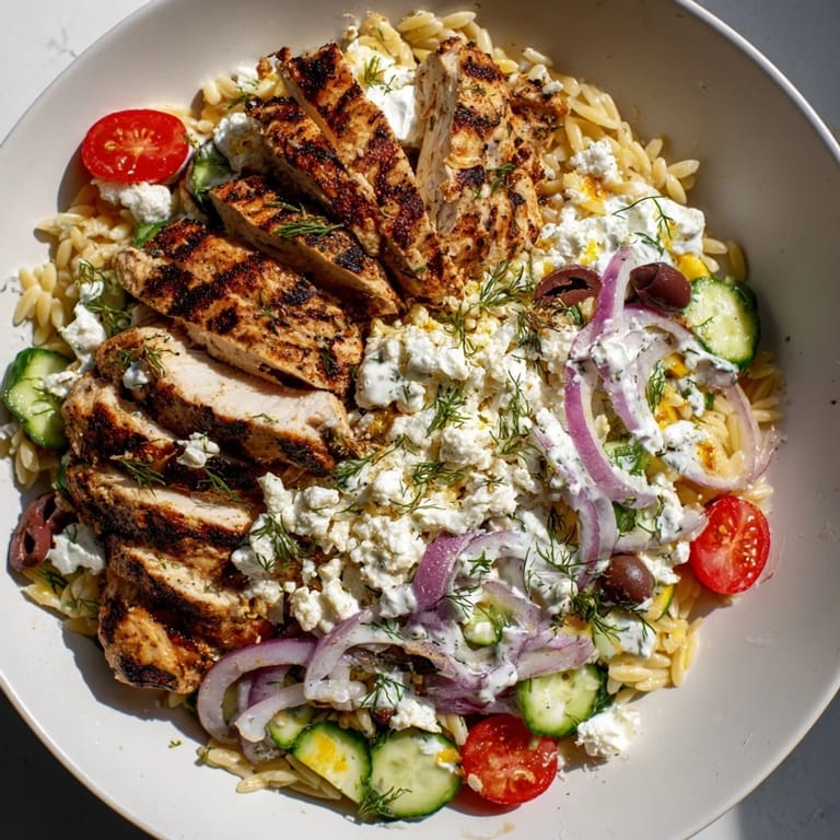 Close-up of Greek Chicken Gyro Pasta Bowls: flavorful orzo, tender chicken, and tangy yogurt dressing entice.