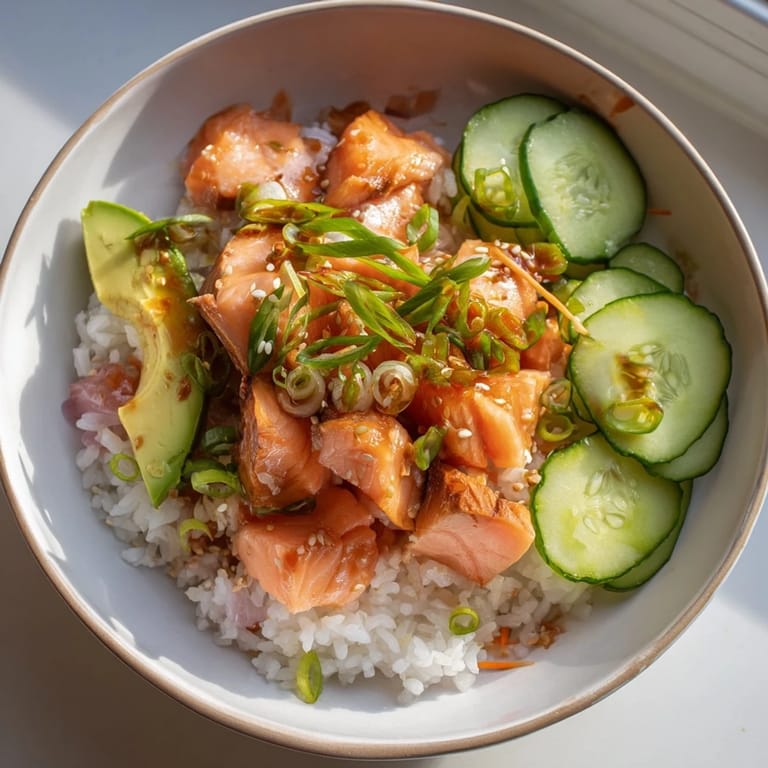 This Japanese-Style Salmon & Chicken Rice Bowl features flaky salmon next to tender chicken, ready to be enjoyed.