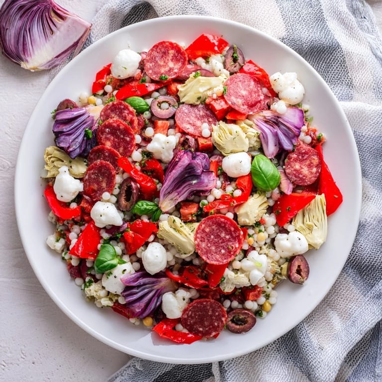 A close-up of Antipasto Chickpea Salad, showcasing mozzarella pearls, pepperoni, and colorful vegetables for a delightful meal.