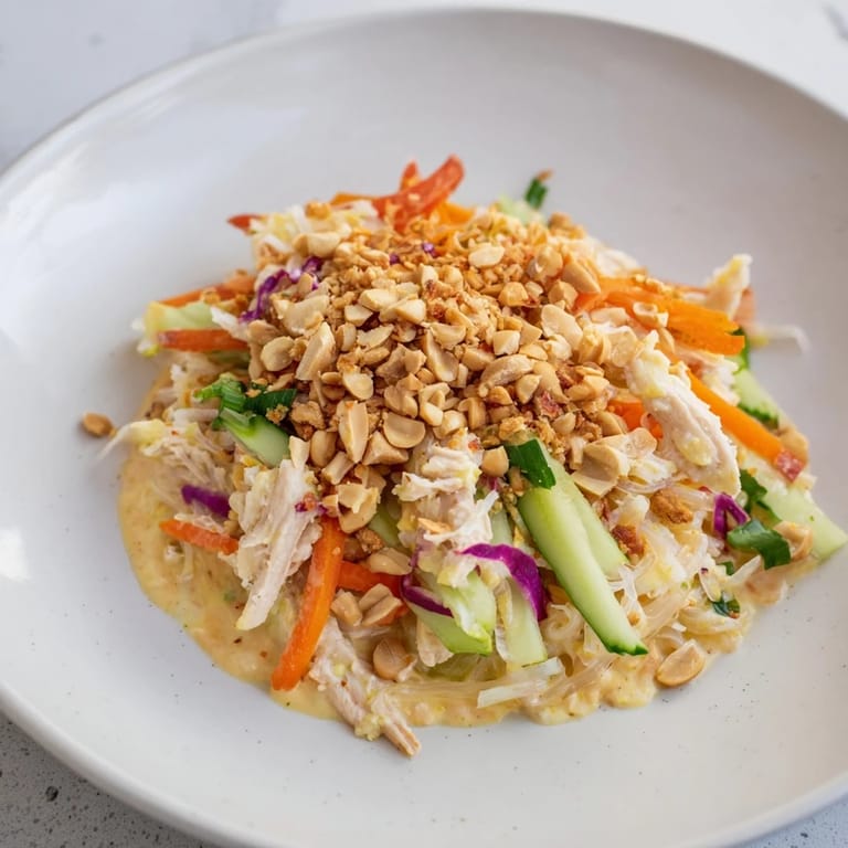 A close-up of Thai-Inspired Peanut Chicken Pasta shows noodles and shredded chicken beautifully coated.