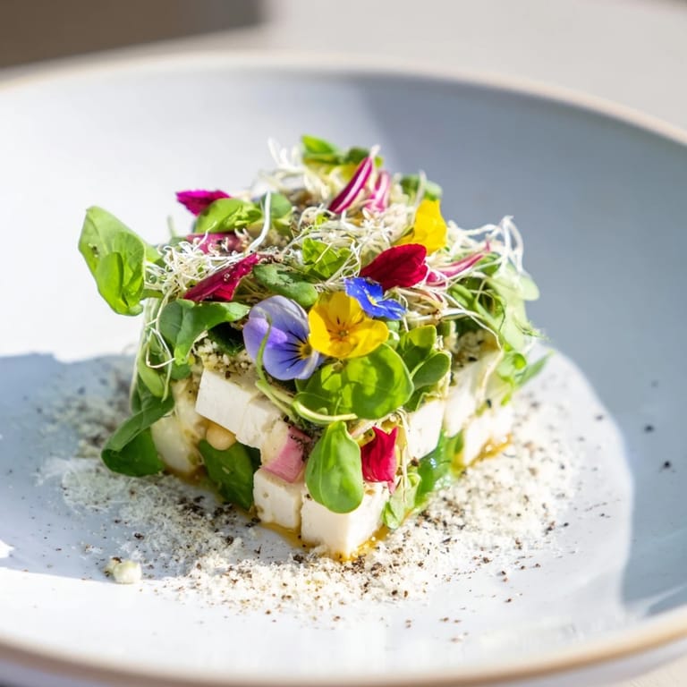 A colorful garden of microgreens and flowers conceals chunks of cheese in this exquisite The Secret Garden.