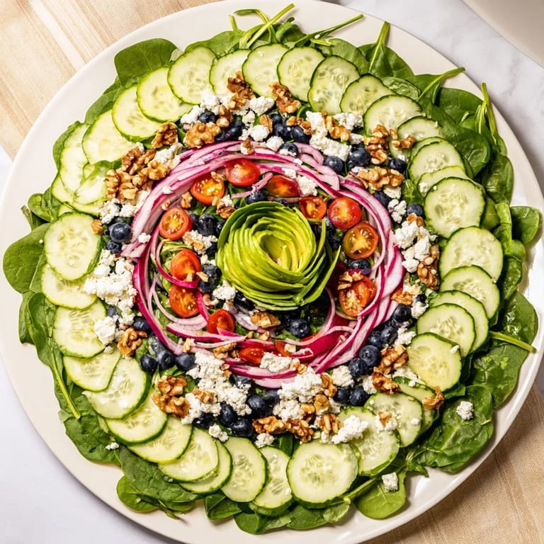 Beautifully arranged Fibonacci Fan Salad, a contemporary dish with a variety of fresh ingredients.