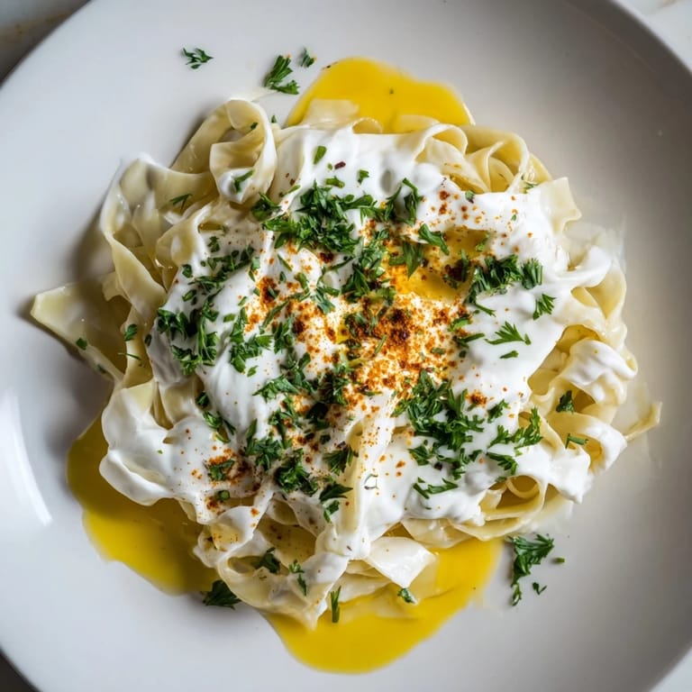 A flavorful serving of Turkish pasta with paprika butter, topped with green herbs and a swirl of yogurt.