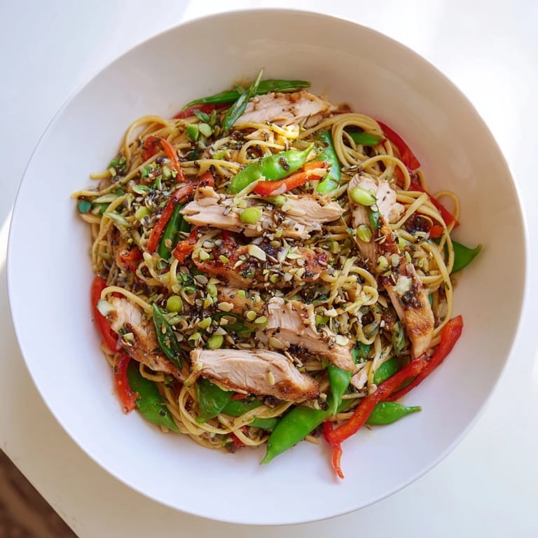 Savory sesame hoisin ground chicken pasta, a delicious stir-fry, is served garnished with fresh green onions.