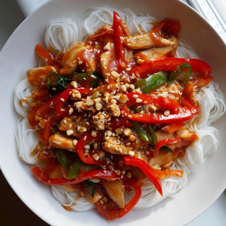 A close-up of a steaming bowl of Mongolian Chicken, showcasing the savory sauce over rice noodles.