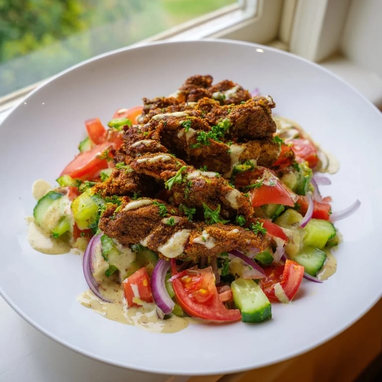 Vibrant image of chicken shawarma salad showcasing tender spiced chicken and a light tahini drizzle.