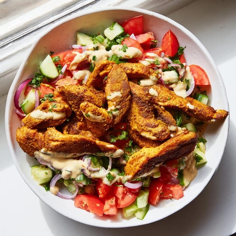 Fresh ingredients: a flavorful chicken shawarma salad, bursting with Middle Eastern inspired tastes and textures.