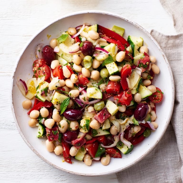 Enjoy a bowl of Mediterranean Dense Bean Salad with Salami, with its vibrant mix of beans and fresh flavors.