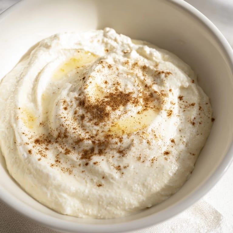 Close-up of a bowl of fluffy Greek Yogurt Fruit Dip, fragrant with vanilla and lemon zest.
