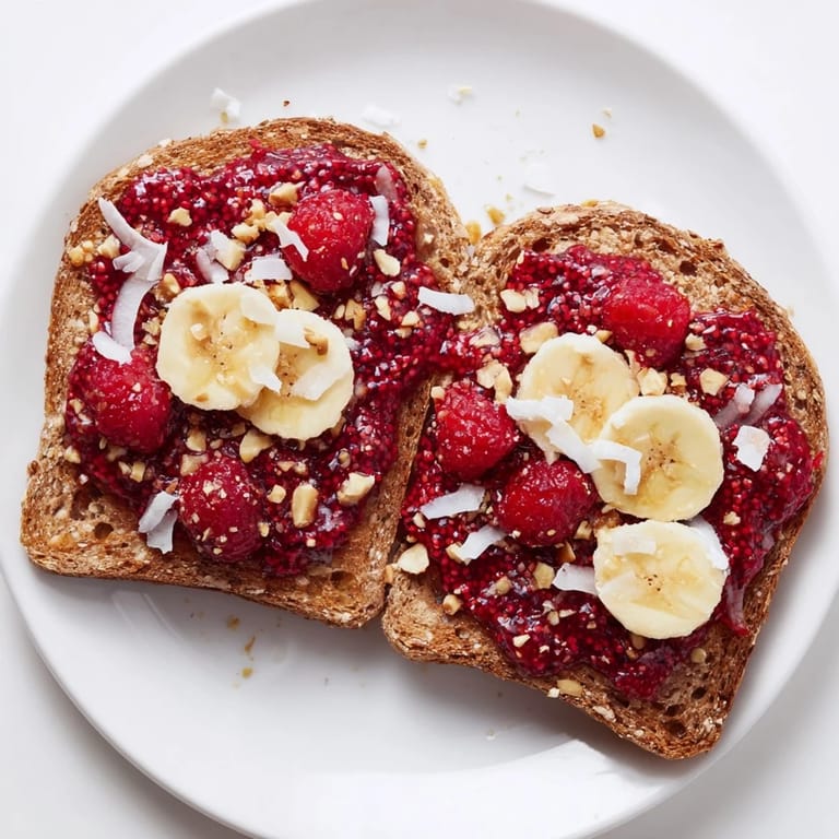 Warm, fruity raspberry chia jam spread over golden toast, a quick and easy snack recipe to enjoy.