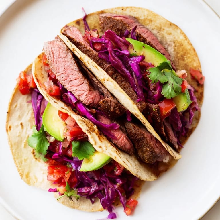 Flavorful Coffee-Rubbed Steak Tacos, piled high with fresh ingredients, offering a delightful and textured bite.