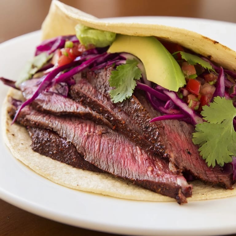 Close-up of deliciously grilled Coffee-Rubbed Steak Tacos, featuring vibrant toppings, perfect for a flavorful meal.