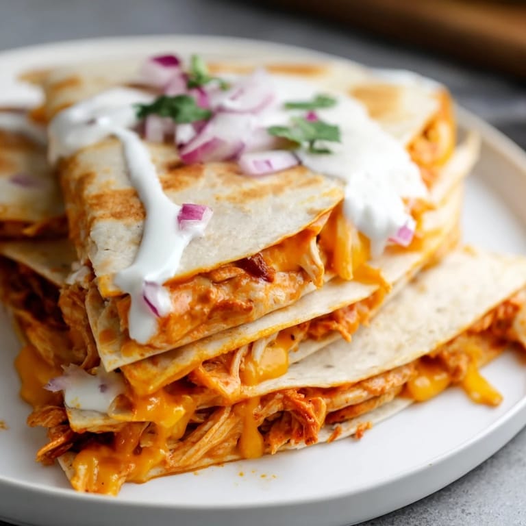 A close-up of a delicious Buffalo Chicken Quesadilla, oozing with cheese, perfect for a quick lunch.