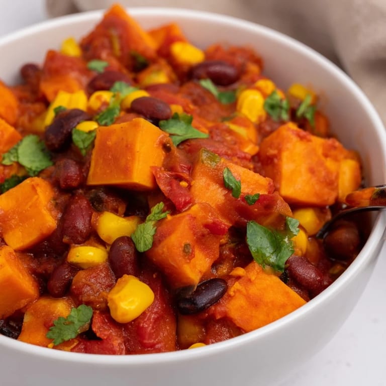 Hearty and flavorful Smoky Sweet Potato Chili, perfect for a warming and comforting dinner on a chilly evening.