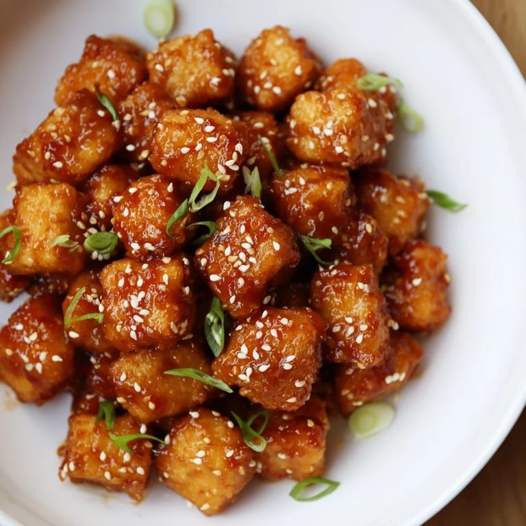 Imagine savory Honey Gochujang Tofu, a vegetarian delight served hot, and delightfully sticky and vibrant.