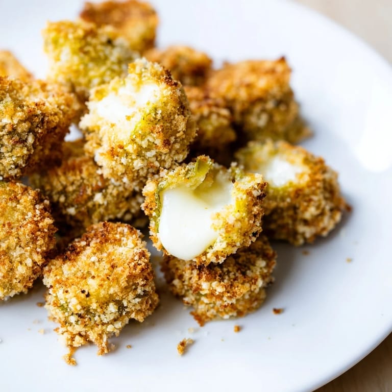 Melted cheese surrounds tangy dill pickles in these delicious, golden brown Crispy Chickle Bites.