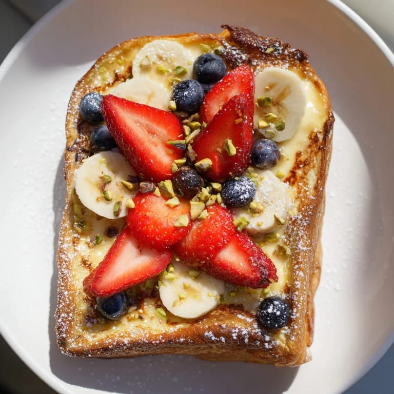 This beautiful image shows a plate of warm Viral Yogurt Toast with vibrant, colorful fruit toppings.