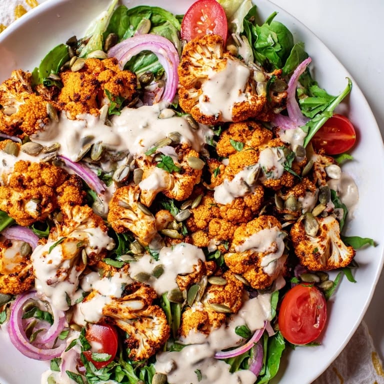 Vibrant Crispy Cauliflower Salad with creamy tahini dressing, showcasing colorful tomatoes and red onion slices.