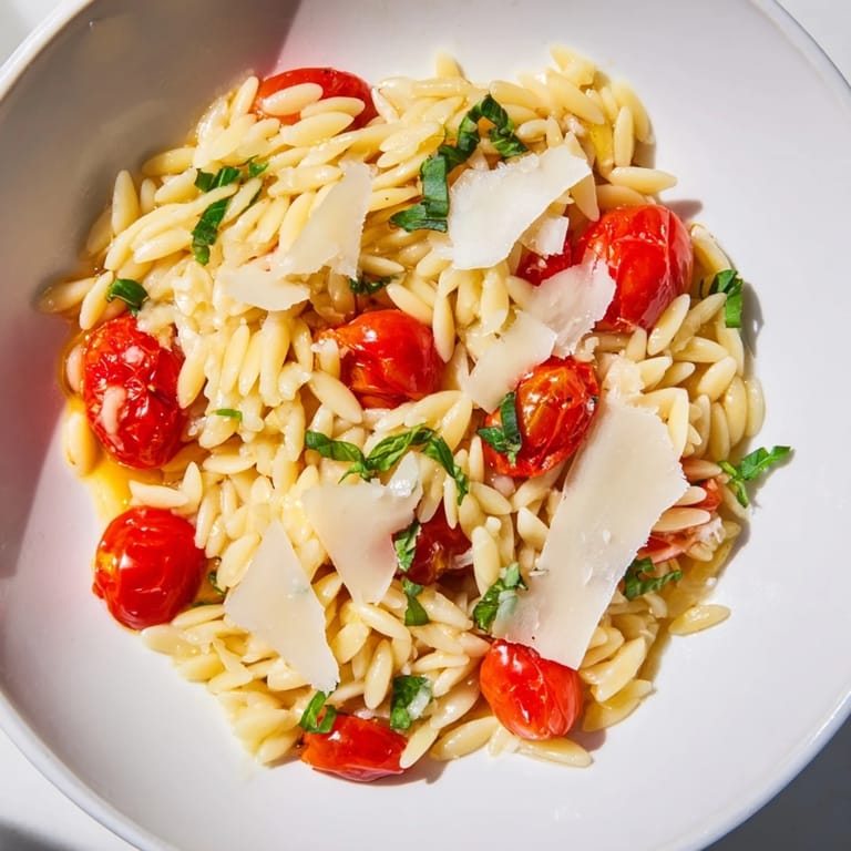 Delicious Orzo Tomato Parmesan with bright red tomatoes and fresh basil, ready to serve.
