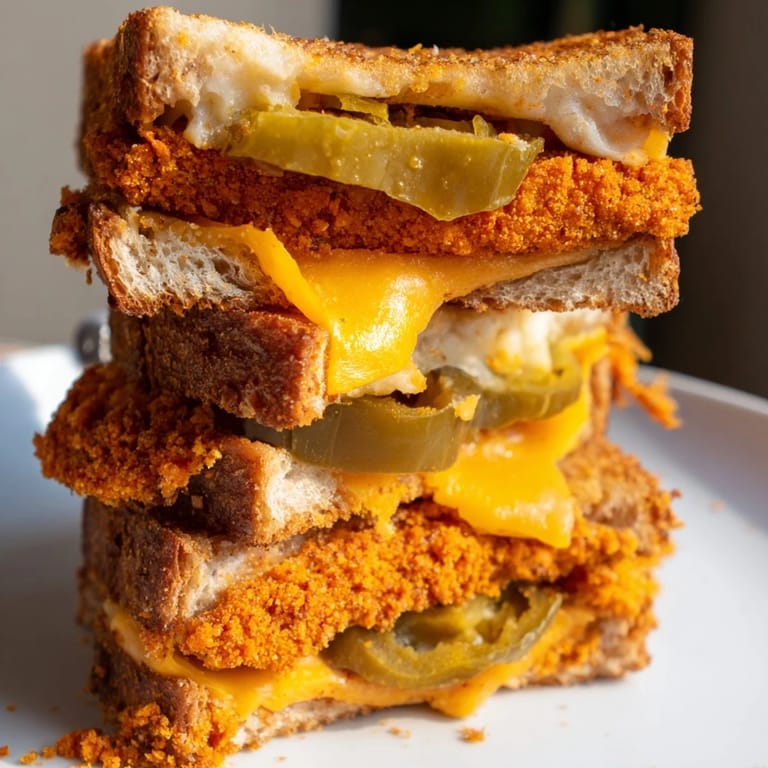 Close-up of a sizzling Spicy Crispy Tofu Grilled Cheese sandwich, showing the textures of crispy tofu and melted cheese.