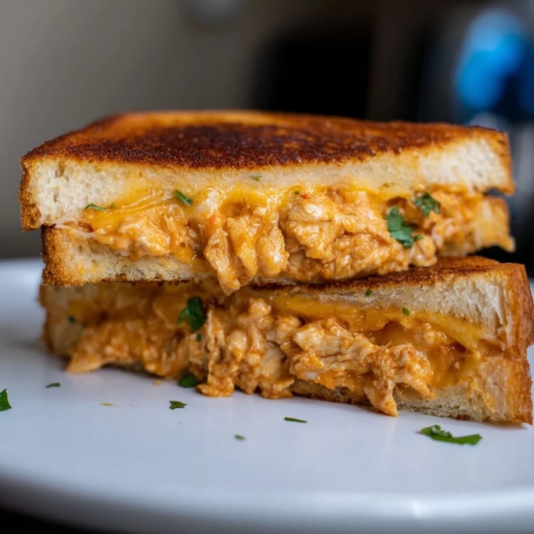 Melted mozzarella and cheddar embrace flavorful butter chicken in this grilled Savory Butter Chicken Grilled Cheese, ready to be enjoyed.