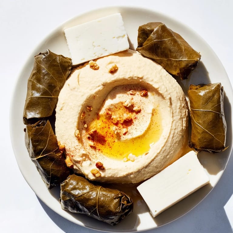 Vibrant Turkish Meze Platter: an appetizing spread of dolmas, feta, and fresh vegetables ready to enjoy.
