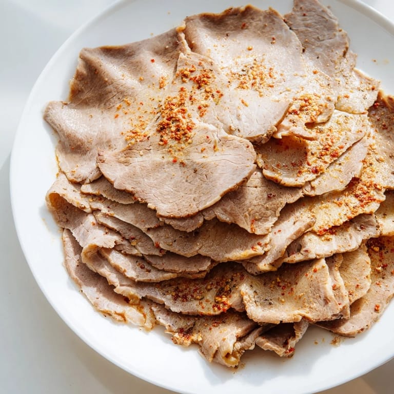 Image: Close-up of sliced Turkish döner meat, highlighting the savory spices and rich textures, ideal for serving.
