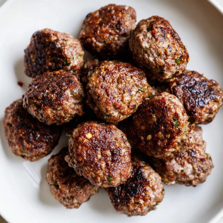 A close-up of delicious, grilled Turkish Köfte meatballs with visible herbs, ready to enjoy with a side.