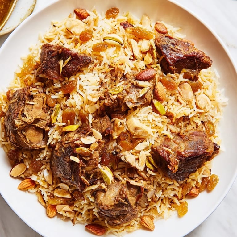 A delicious close-up of fragrant Saudi Kabsa, featuring tender meat, vibrant rice, and savory spices.