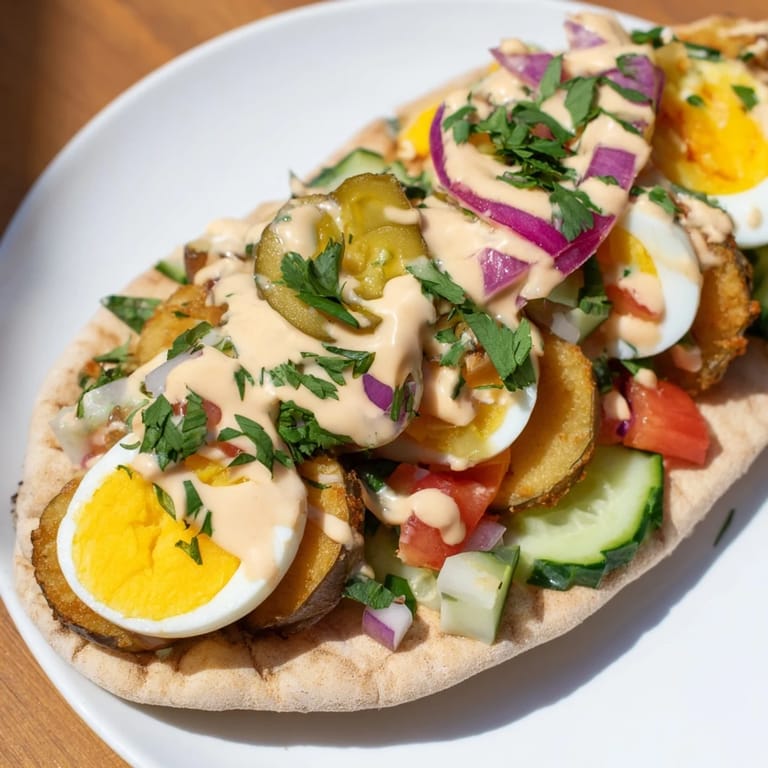 Enjoy the hearty, vegetarian Israeli Sabich featuring soft pita pockets filled with tasty ingredients.