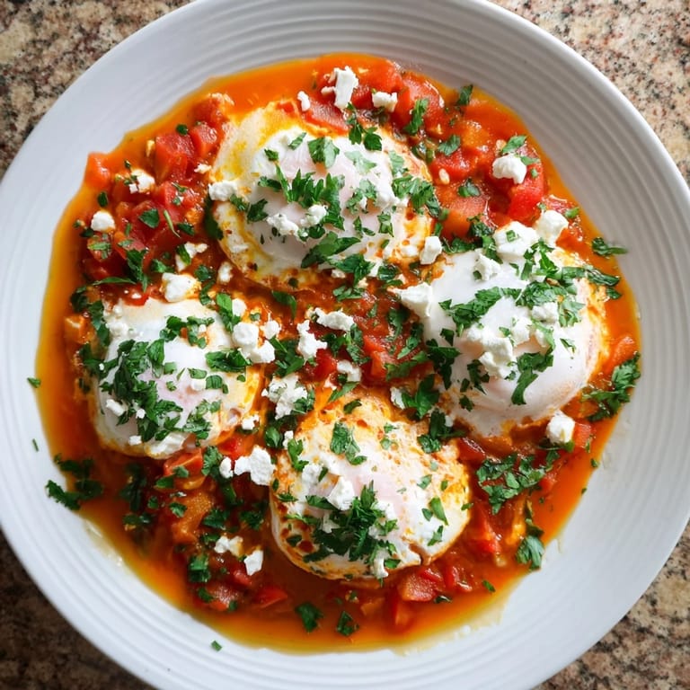 A close-up of Israeli Shakshuka, showing rich tomato sauce and the yellow egg yolks ready.