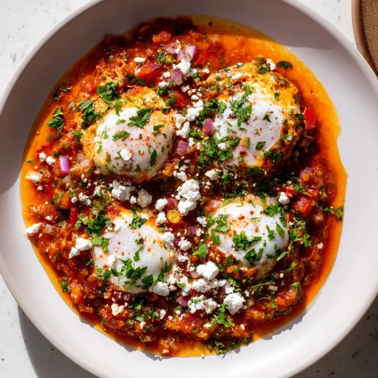 Fresh parsley and feta garnish this Israeli Shakshuka, a delicious Middle Eastern breakfast.
