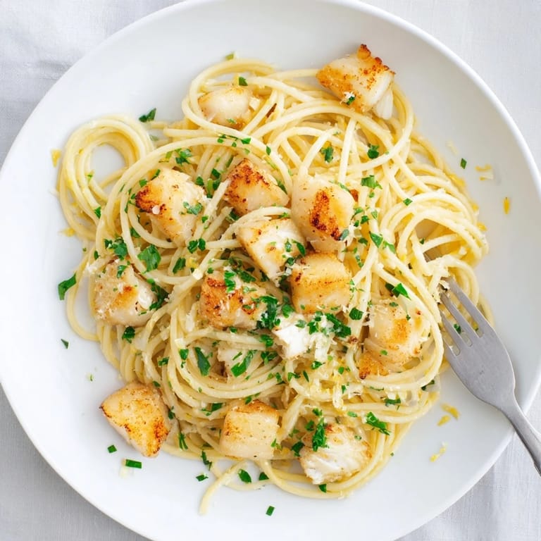Crispy Fish Pasta with pan-fried cod tossed in a buttery garlic sauce, finished with parsley and a squeeze of lemon.