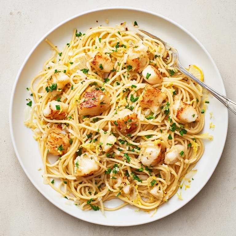 A serving of Crispy Fish Pasta highlights flaky white fish, vibrant green herbs, and al dente noodles in a zesty lemon dressing.