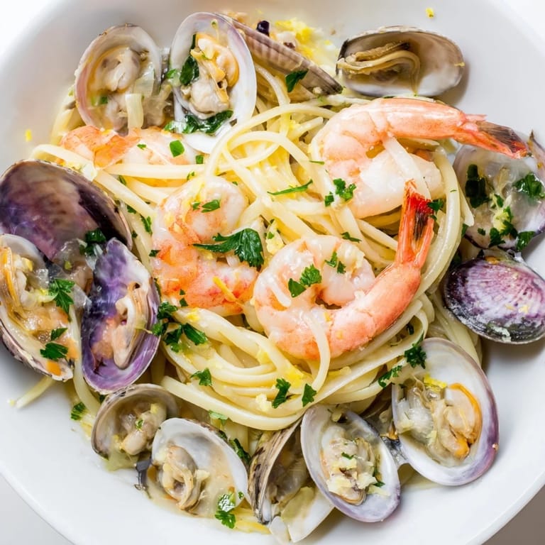 Bright lemon wedges and parsley top this Seafood Linguine, highlighting the tender shrimp and open shells on al dente pasta.