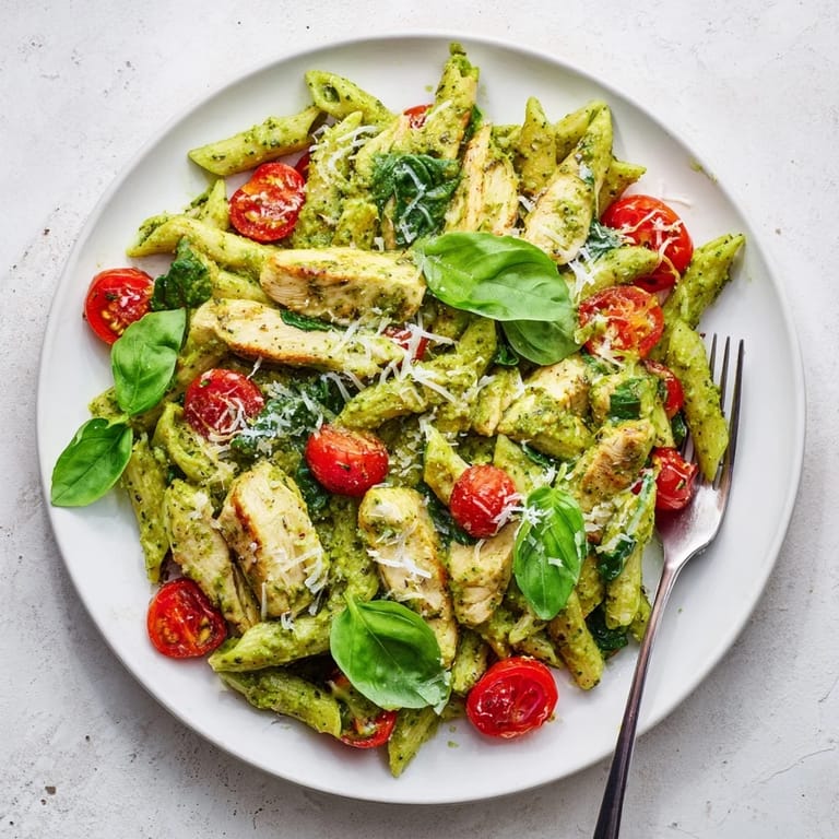 A close-up of Pesto Chicken Pasta glistening with basil pesto, dotted with fresh spinach and grated Parmesan.  