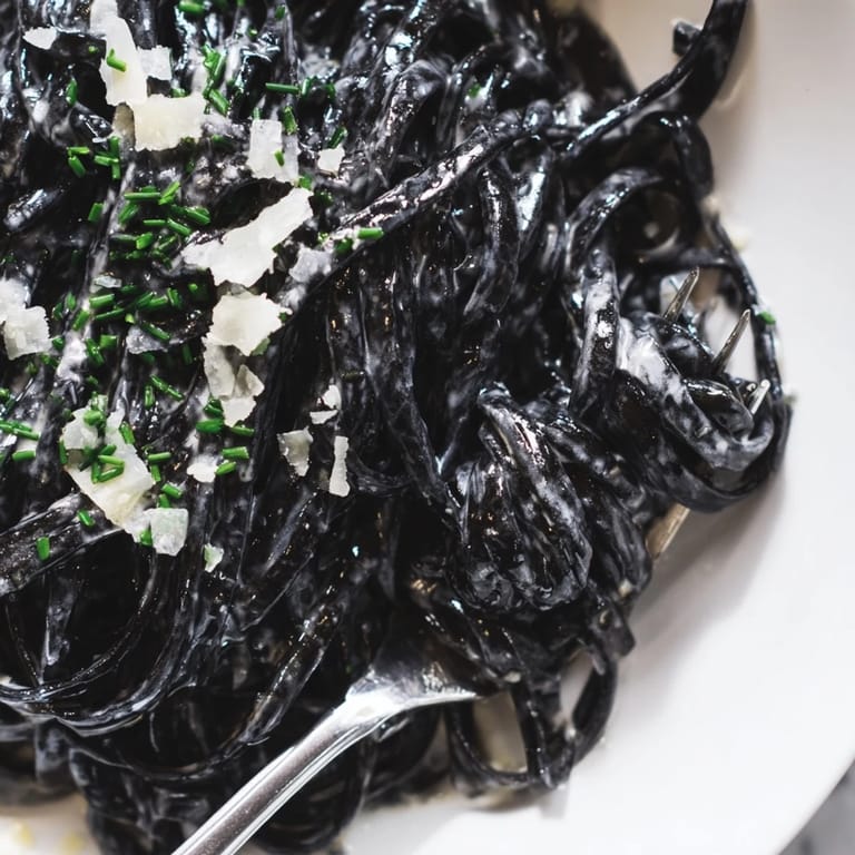 Garnished with fresh parsley and lemon wedges, this dramatic black seafood pasta glistens under soft kitchen lighting.