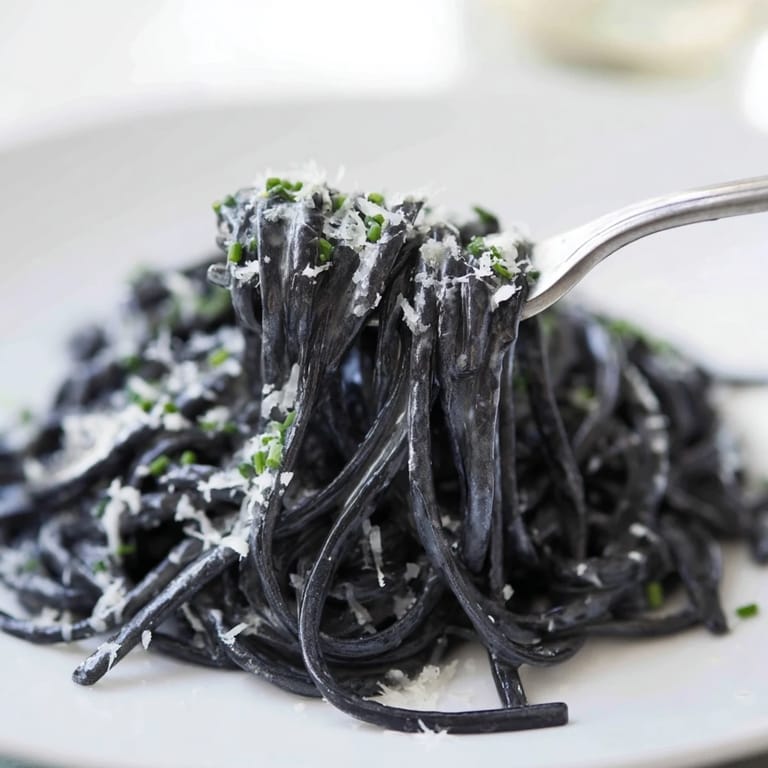 Served on a dark ceramic plate, the squid ink pasta twirls elegantly around tender shellfish in a rich broth.