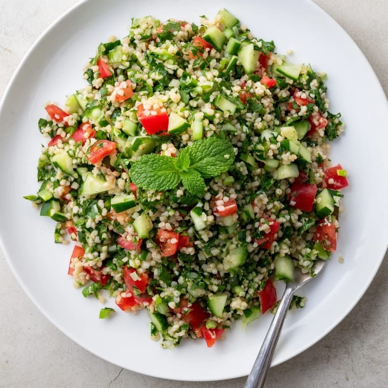 Spoonful of bright green Bulgur Wheat Salad Tabbouleh, featuring a medley of tender bulgur, juicy tomatoes, and fragrant mint, drizzled with olive oil.
